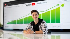 A YouTube analytics dashboard showing revenue growth.