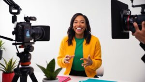  content creator filming a video or podcast with cameras, lights,