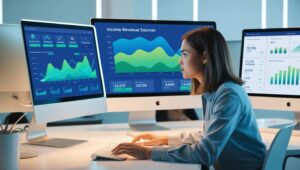 A digital entrepreneur analyzing income analytics from multiple revenue sources. 