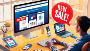A visual of an online store selling digital products with "New Sale!" notifications.