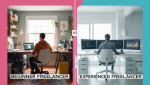A side-by-side comparison of a beginner freelancer vs. an experienced freelancer making money.
