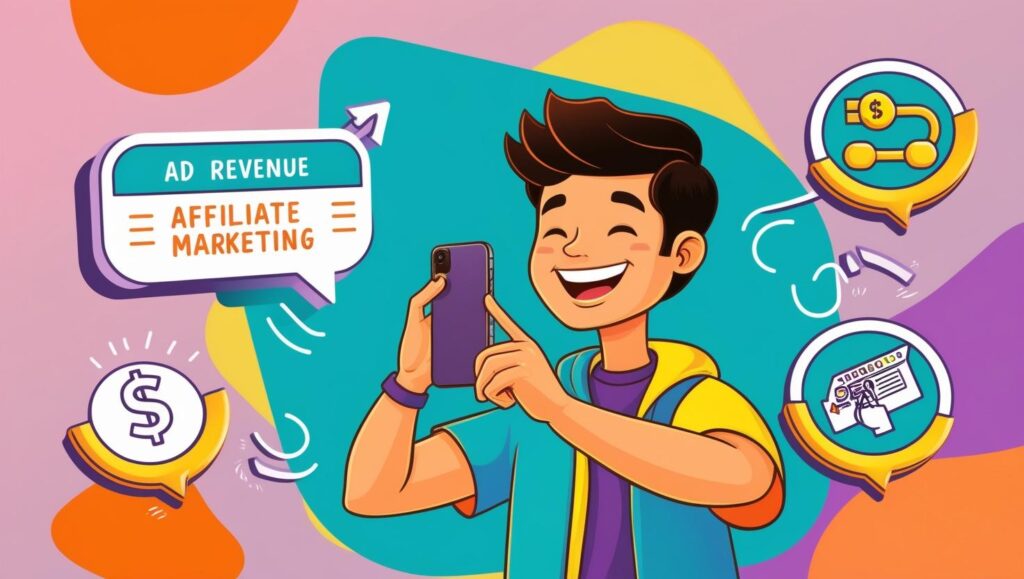 A vibrant digital illustration shows a young man joyfully recording a video for content creation, with supportive icons around him symbolizing ad revenue, affiliate marketing, and subscription models.