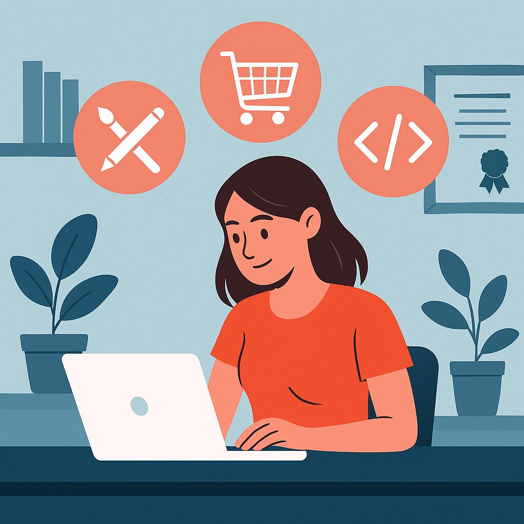 A young woman focused on her laptop with icons illustrating essential online earning skills such as coding, creative design, and e-commerce.
