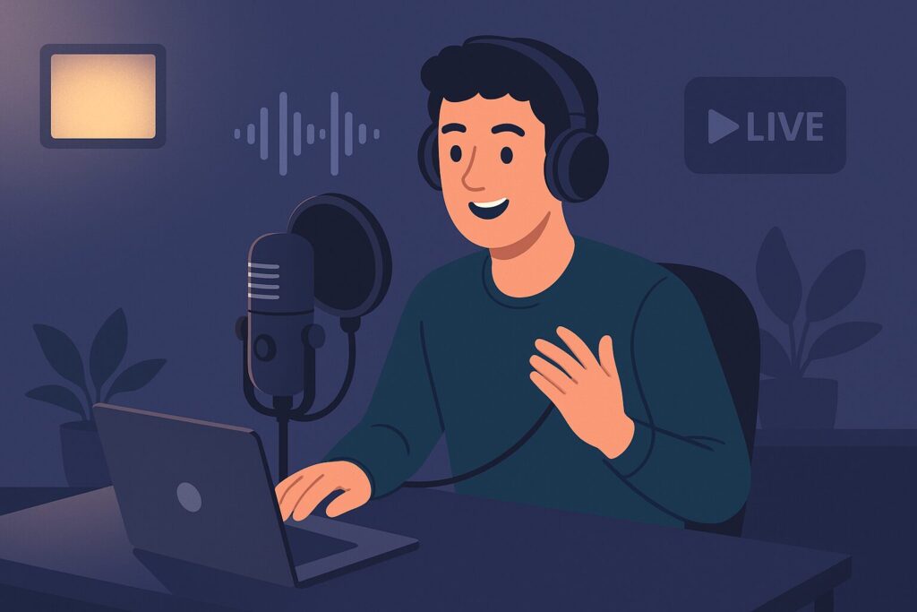  a desktop creator with a USB microphone and headphones at a recording setup