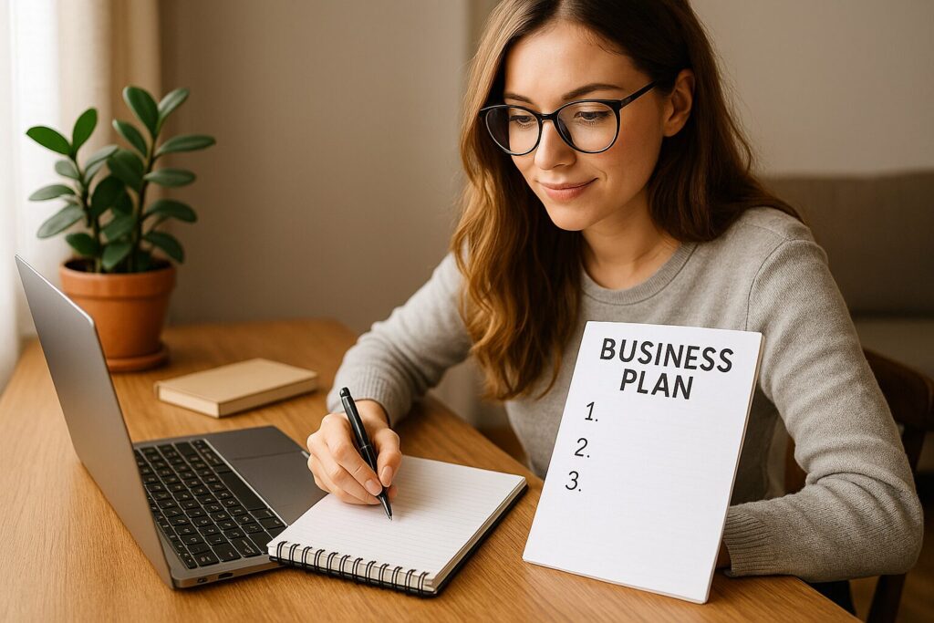 Young woman sitting at home desk writing her business plan in a notebook next to a laptop and plant