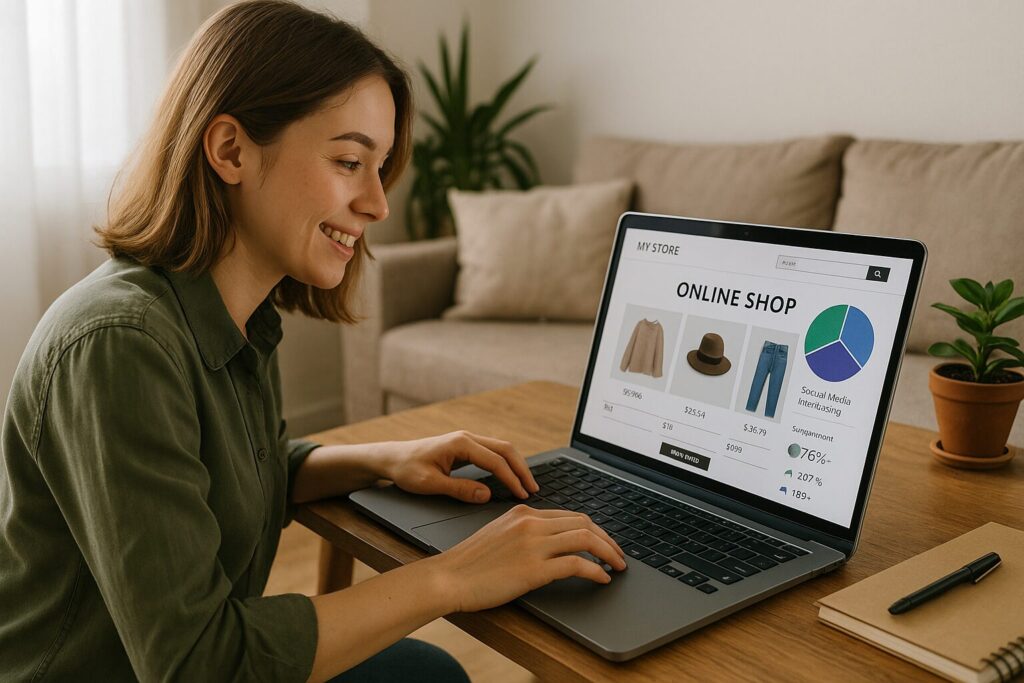 Woman working on her home-based online store with product listings and social media analytics on laptop screen