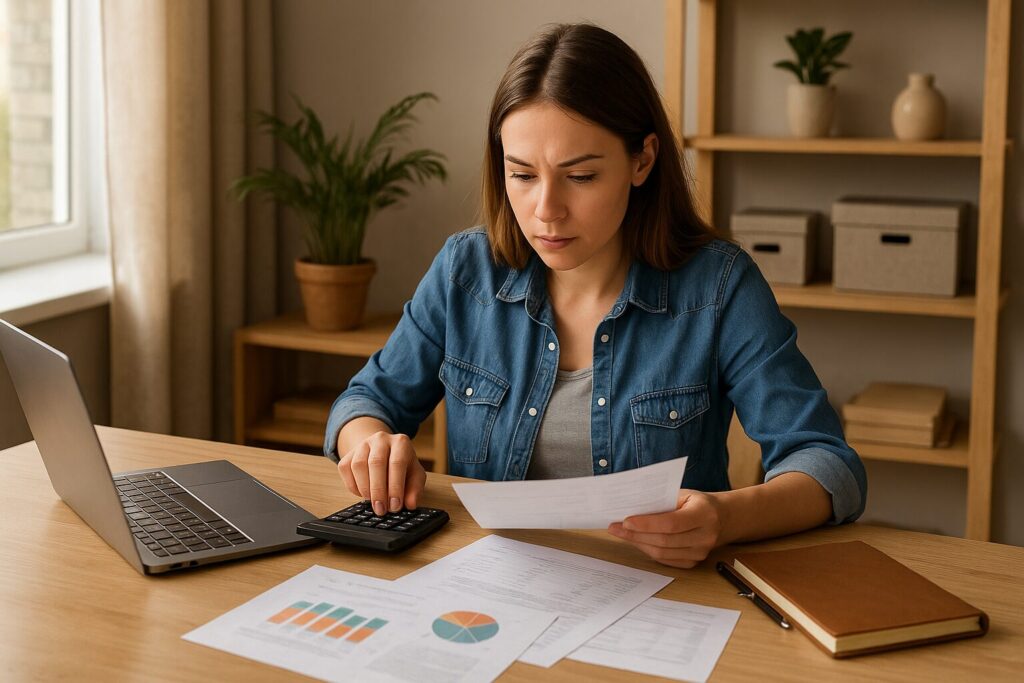 Focused woman using calculator and reviewing financial documents at her home office desk