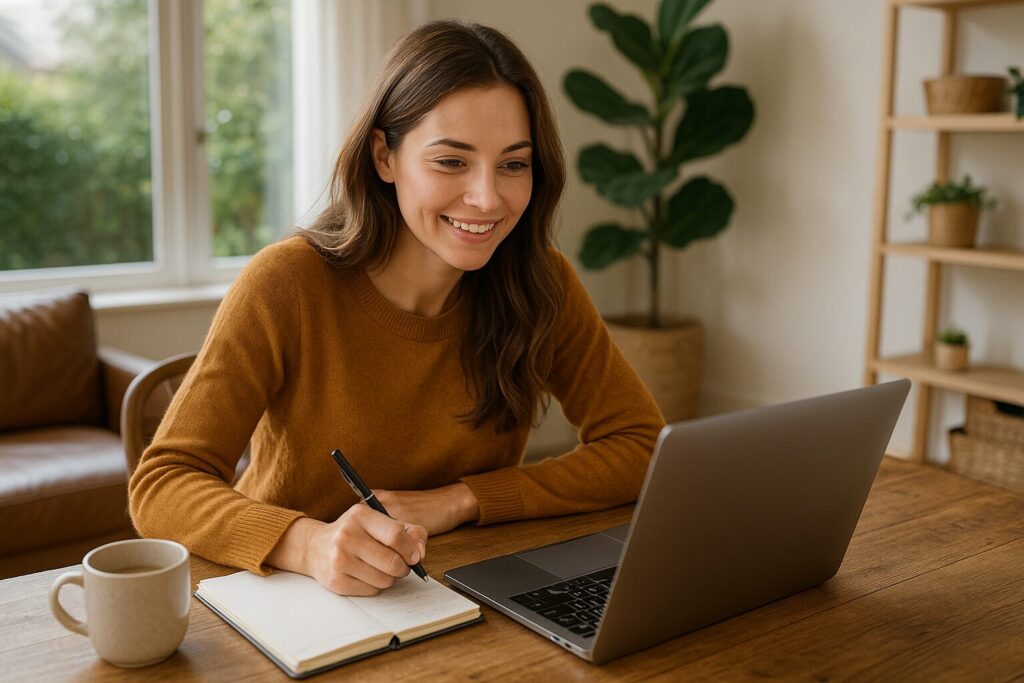 Smiling woman at home, writing in a journal while working on her laptop in a bright, cozy workspace