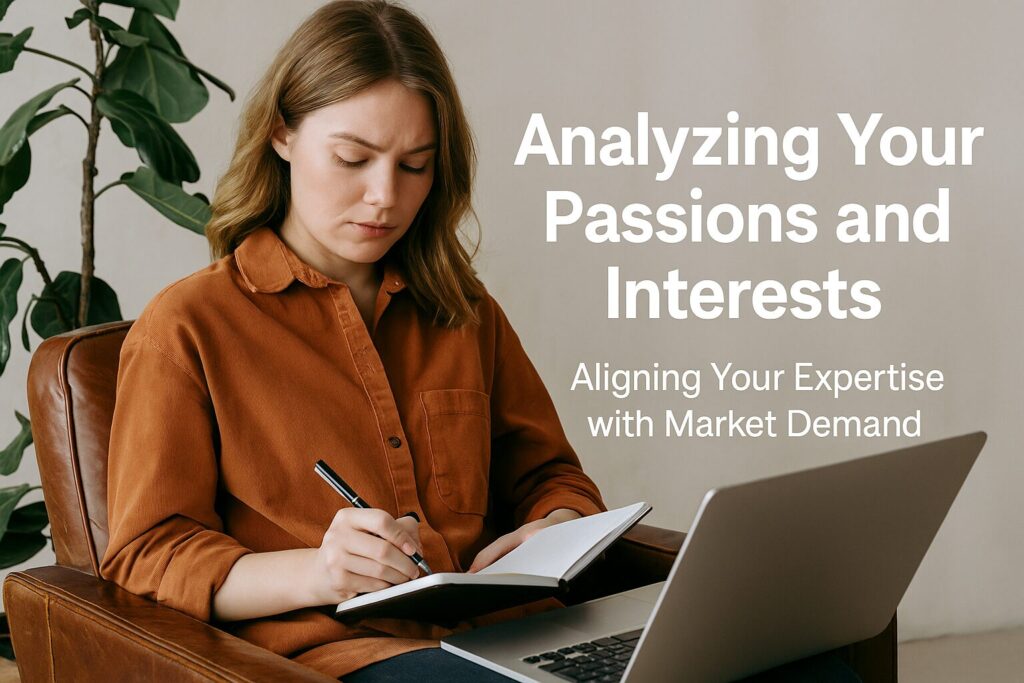 A thoughtful young woman seated in a leather chair, writing in a notebook with a laptop nearby, overlaid with the text “Analyzing Your Passions and Interests – Aligning Your Expertise with Market Demand.”