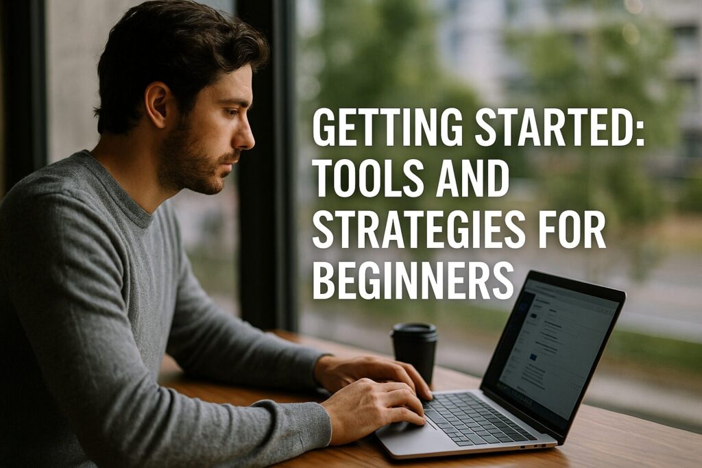 Focused young man sitting by a large window, working on his laptop with bold overlaid text “Getting Started: Tools and Strategies for Beginners,” representing starting AI-driven income streams