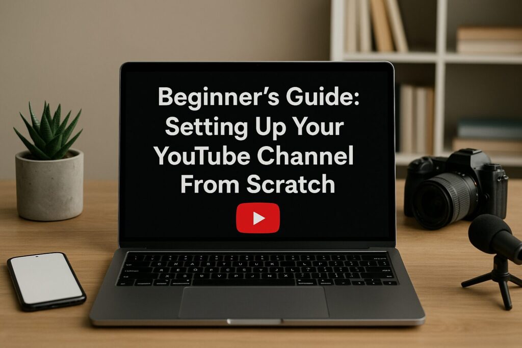 A photo-realistic digital banner featuring a silver laptop displaying the title "Beginner’s Guide: Setting Up Your YouTube Channel From Scratch" on screen, surrounded by a smartphone, DSLR camera, microphone, and a potted plant on a wooden desk