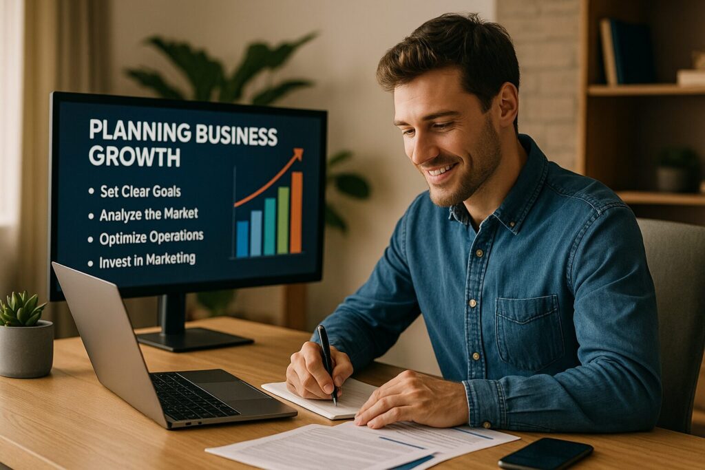 Smiling young man writing in a notebook at his desk while a computer screen displays a presentation titled “Planning Business Growth,” illustrating strategies for scaling an online business