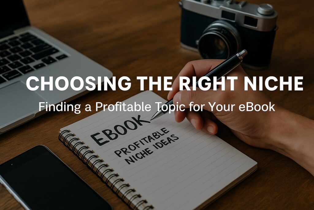 A workspace scene with a hand writing in a notebook labeled “EBOOK Profitable Niche Ideas” next to a laptop and camera, overlaid with the title “Choosing the Right Niche – Finding a Profitable Topic for Your eBook.”