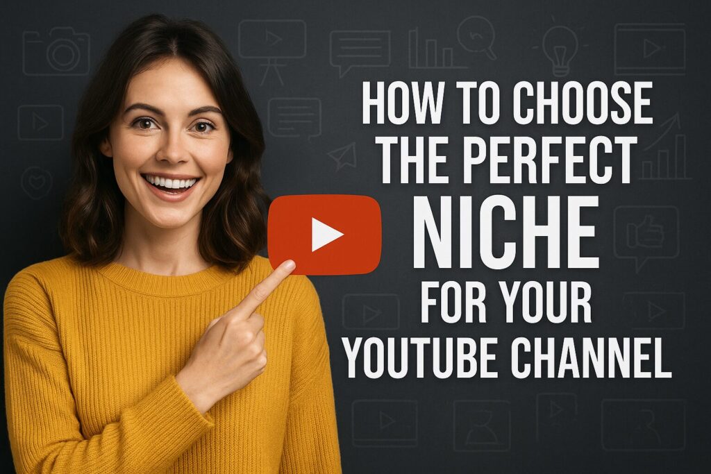 A digital workspace with a content creator planning YouTube channel ideas on a laptop, surrounded by niche brainstorm sketches and a DSLR camera, overlaid with the title “How To Choose The Perfect Niche For Your YouTube Channel