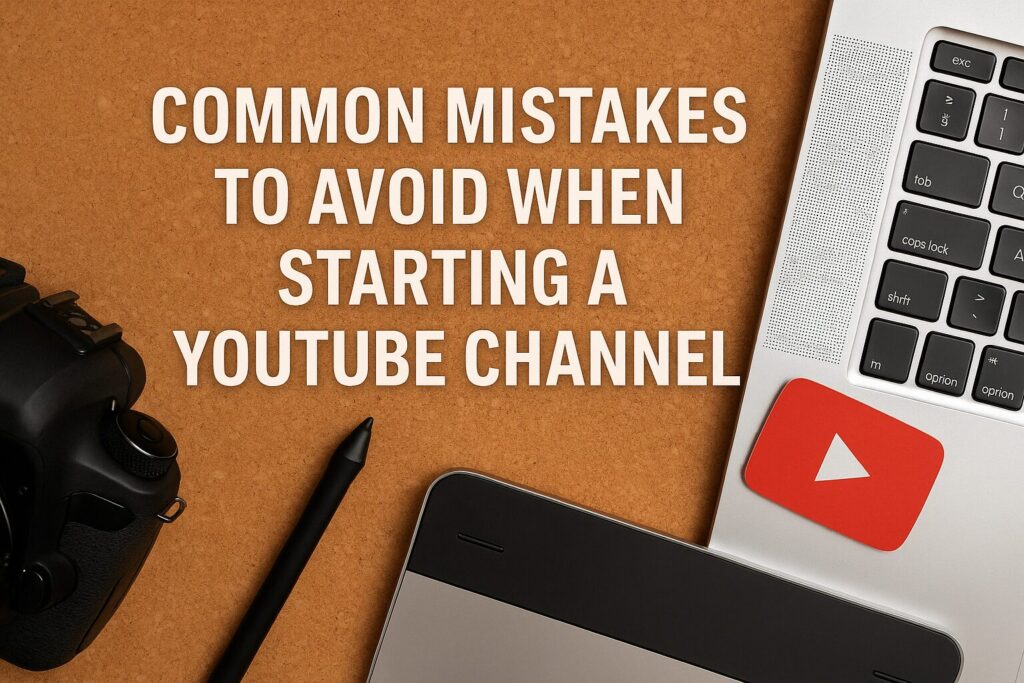 A digital workspace showing a frustrated content creator with editing software and a camera nearby, overlaid with the title “Common Mistakes To Avoid When Starting A YouTube Channel