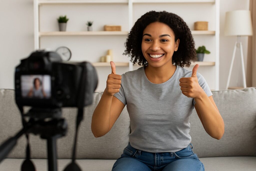 A happy young woman sitting on a modern sofa, giving two thumbs up to the camera while recording a YouTube video. The bright living room features potted plants and a minimalist shelving unit, creating a cozy filming space