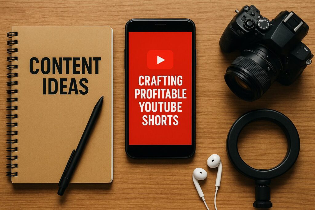 Flat lay of a notebook labeled "Content Ideas," a smartphone showing “Crafting Profitable YouTube Shorts,” a DSLR camera, ring light, and earbuds arranged on a wooden desk
