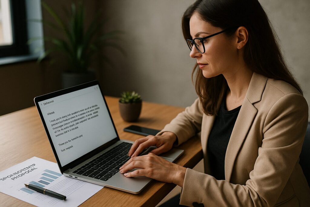 Focused woman in a beige blazer typing a sponsorship proposal on her laptop at a clean, modern office desk, with a printed sponsorship proposal and smartphone beside her