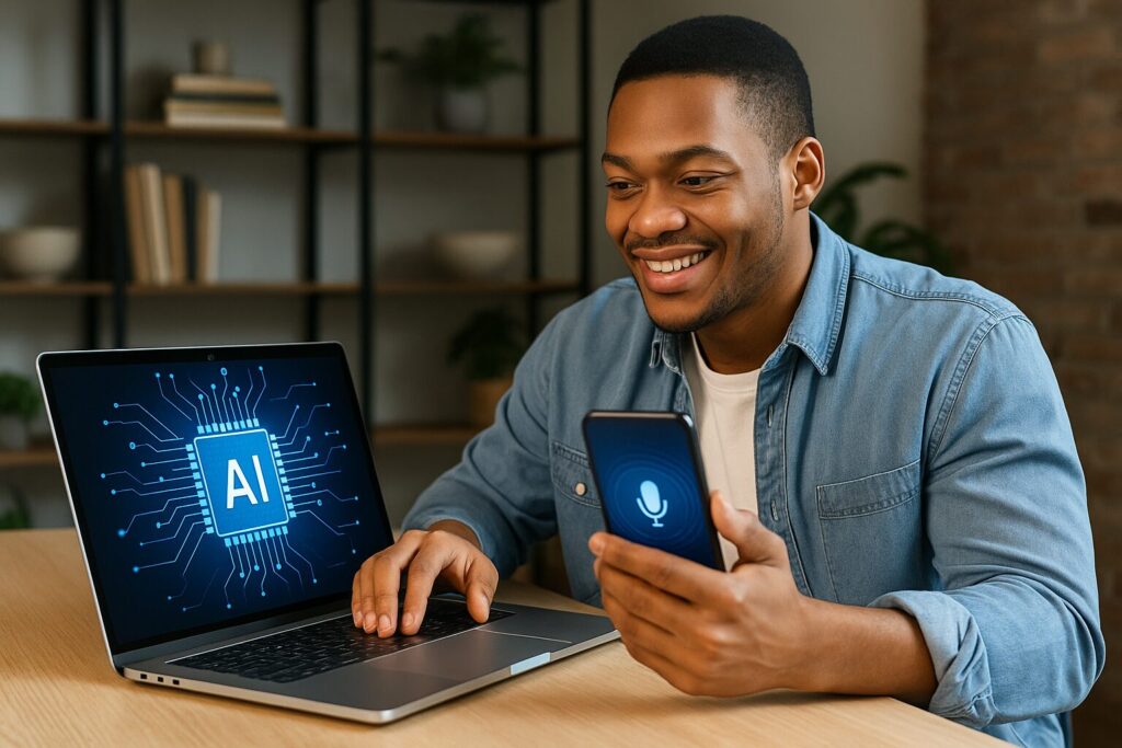 African American man smiling while working on a laptop displaying an AI chip icon and holding a smartphone with a voice assistant icon, representing AI tools for online business.
