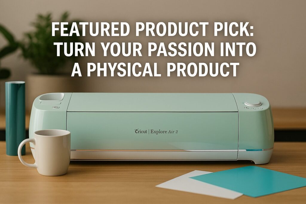 Cricut Explore Air 2 cutting machine placed on a worktable with vinyl sheets and custom sticker projects, ideal for creators launching handmade or custom product businesses