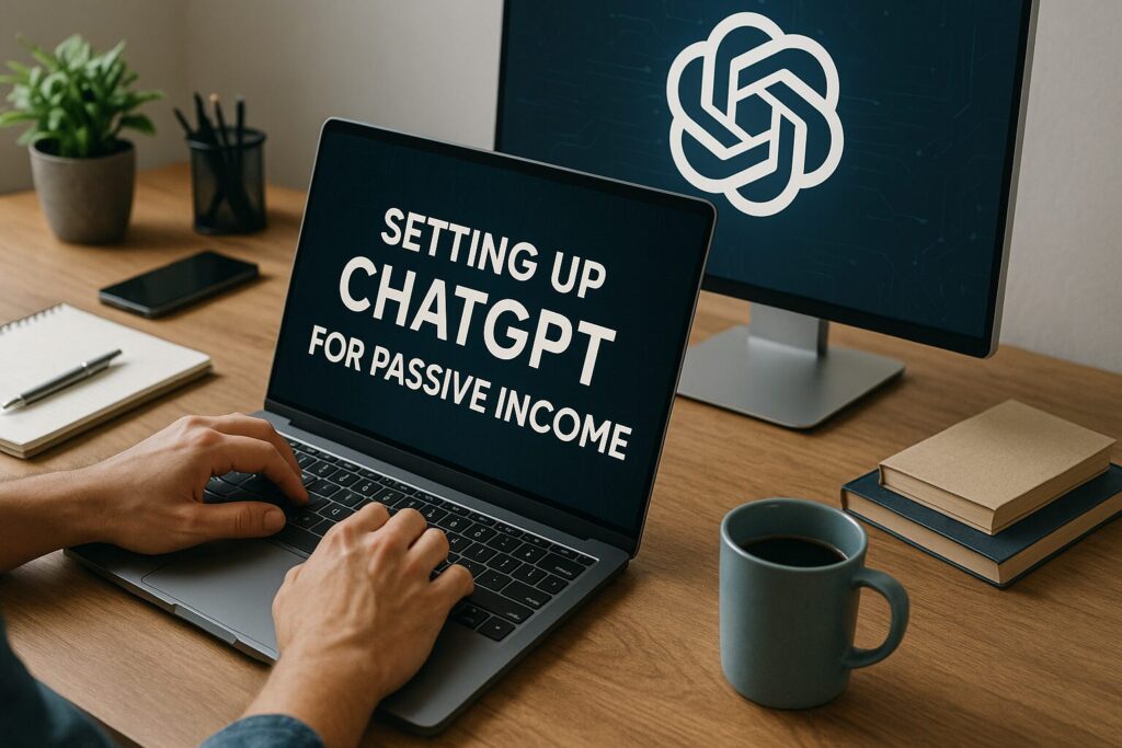 Focused remote worker at a tidy desk using ChatGPT on a laptop, surrounded by passive income tracking charts, analytics, and a smartphone with notifications—capturing a typical AI automation setup