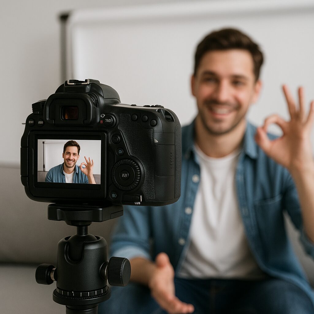 A high-resolution DSLR camera mounted on a tripod, facing a well-lit desk setup with a ring light and microphone in a modern content creator’s workspace