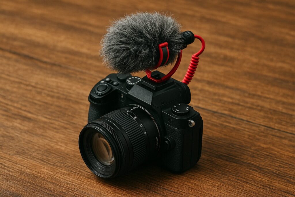 Professional DSLR camera with a mounted shotgun mic on a wood table, ideal for filming high-quality YouTube Shorts