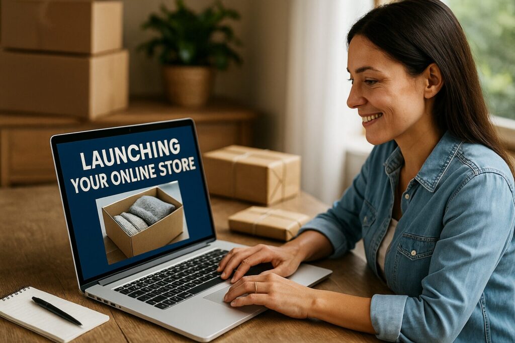 Smiling woman launching her online store with laptop, surrounded by cardboard boxes and a natural light-filled room