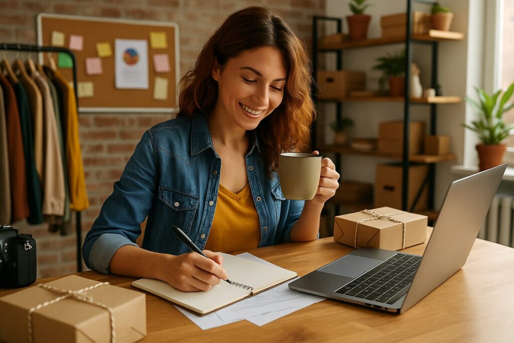 A woman organizing shipping boxes and packing products at her home office desk surrounded by branded materials and e-commerce supplies.