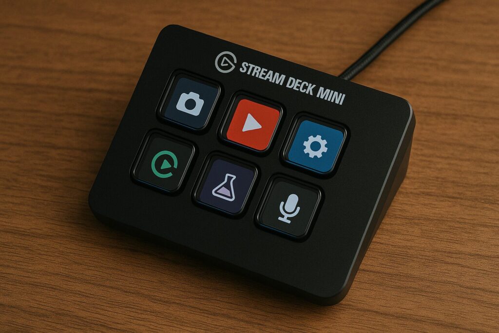 A close-up photo of an Elgato Stream Deck Mini placed next to a keyboard and DSLR camera, ideal for streamlining video production tasks for YouTubers