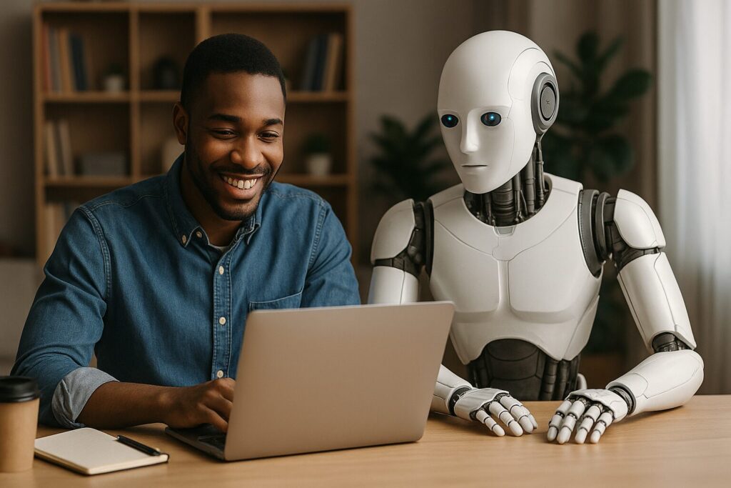 Young African American man smiling at his laptop while a humanoid AI robot sits beside him in a modern home office, symbolizing AI-assisted business