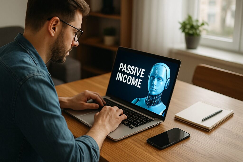 Young man in a modern office setting reviewing content on a large screen, with the ChatGPT interface open and business-related documents scattered on the desk, representing AI-powered passive income planning