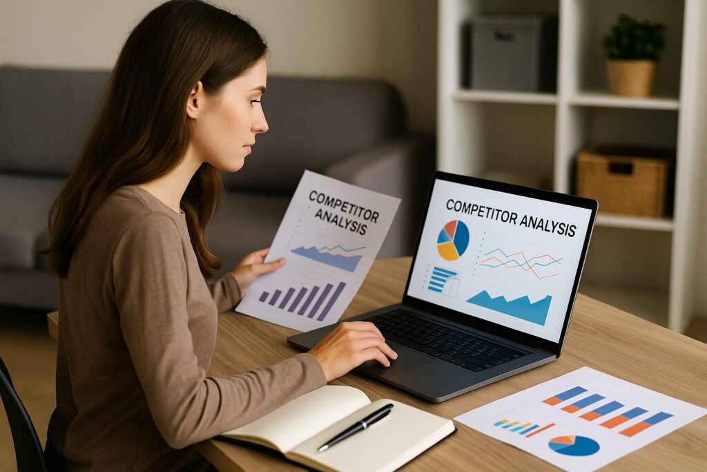 A young woman analyzing competitor data on her laptop, holding a printed competitor analysis report with charts and graphs visible.