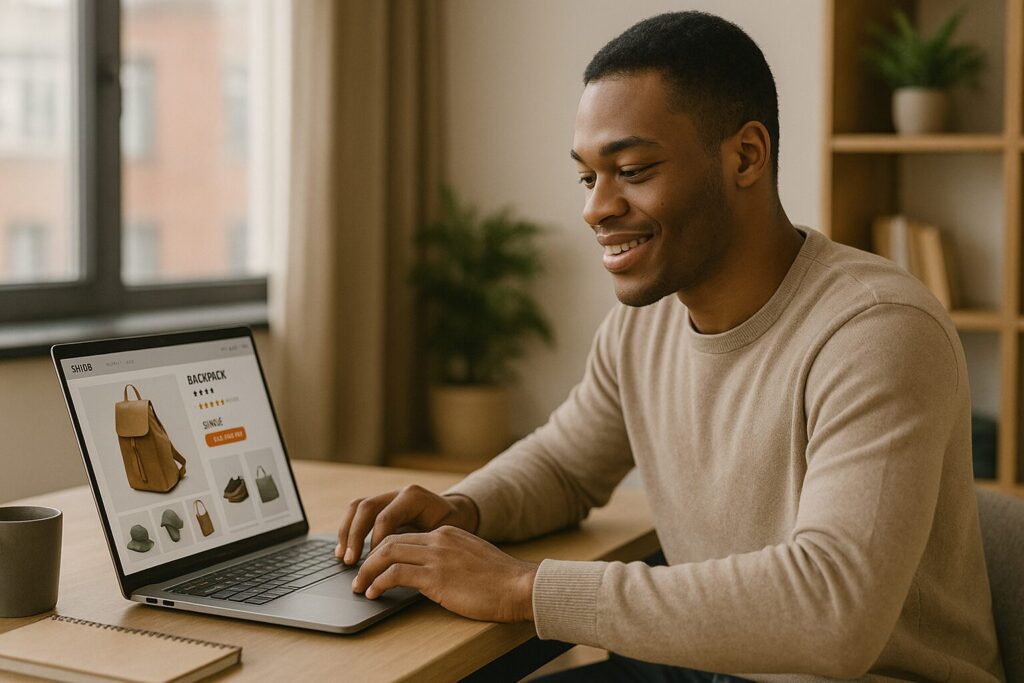 Young African American man browsing an online store on his laptop, reviewing product listings in a modern, well-lit home office