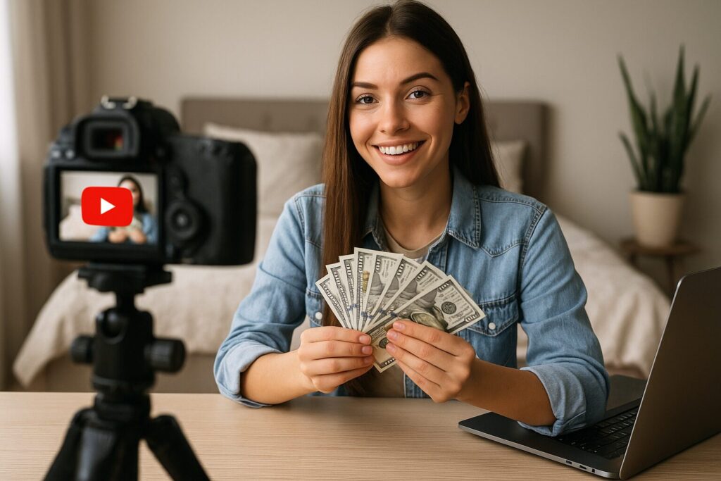 Young woman smiling while holding dollar bills and recording a YouTube video at home, with a DSLR camera and laptop on the table, representing YouTube passive income success