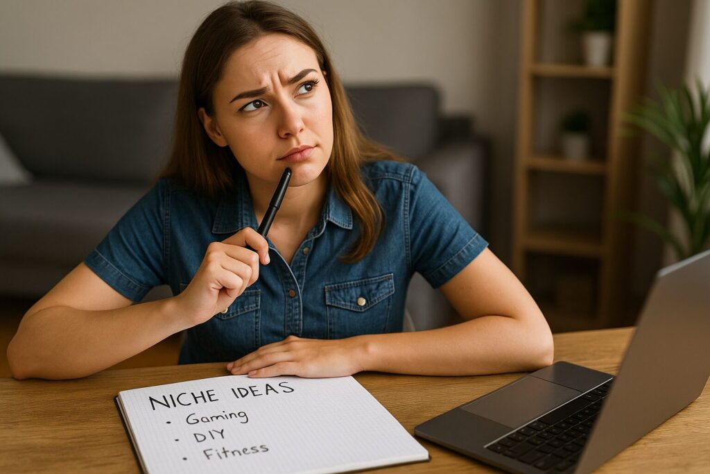 A young female content creator writing niche ideas in a journal at a cozy workspace with a laptop, coffee, and ambient lighting