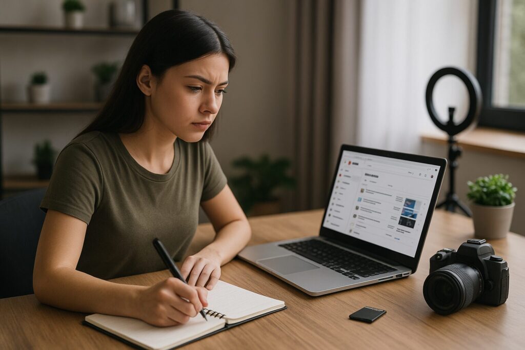 A focused young woman sitting at her desk planning her YouTube content strategy on a laptop, surrounded by notebooks and filming gear