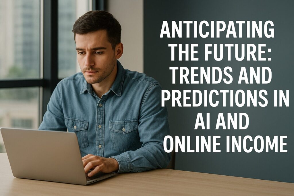 Focused young man working on a laptop in a bright office space with bold text overlay reading “Anticipating the Future: Trends and Predictions in AI and Online Income,” representing forward-looking AI business strategies.
