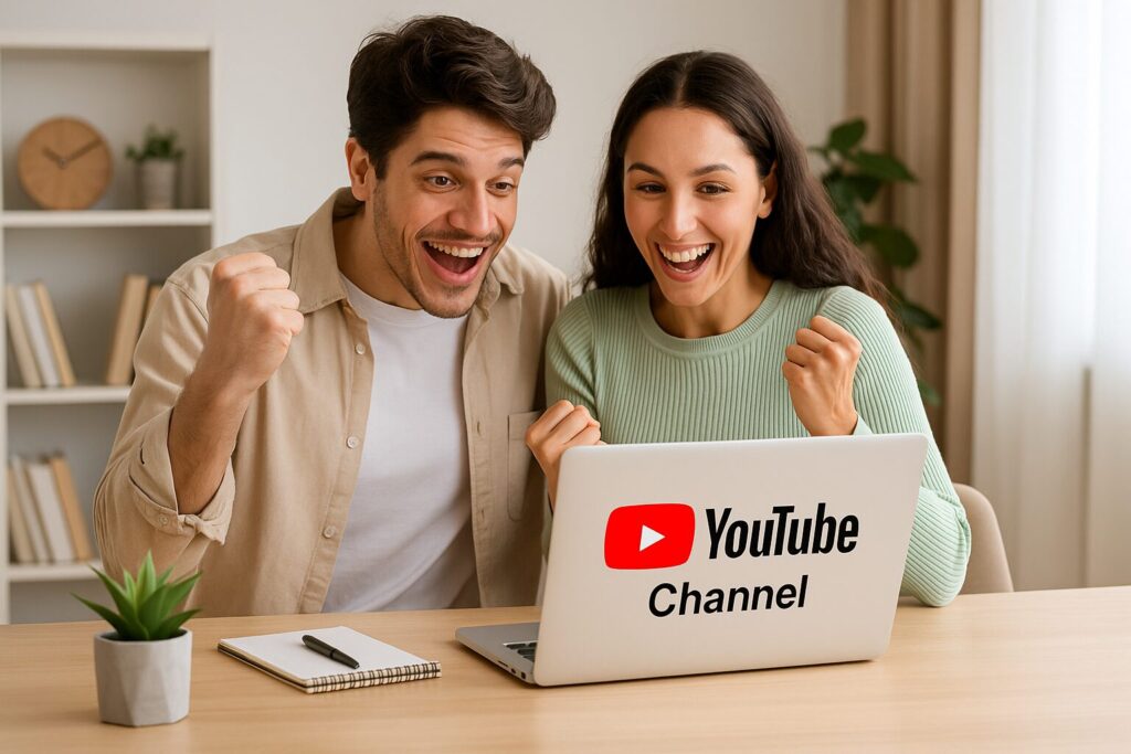 A happy young couple sitting at a bright home office desk, looking at a laptop together and celebrating their growing YouTube channel, reflecting excitement and community engagement