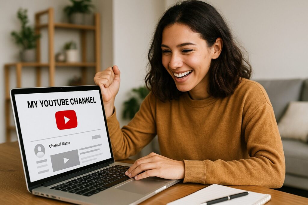 A smiling young woman celebrating while sitting at a desk with a laptop open to her new YouTube channel setup, showcasing a joyful reaction to starting her content creation journey