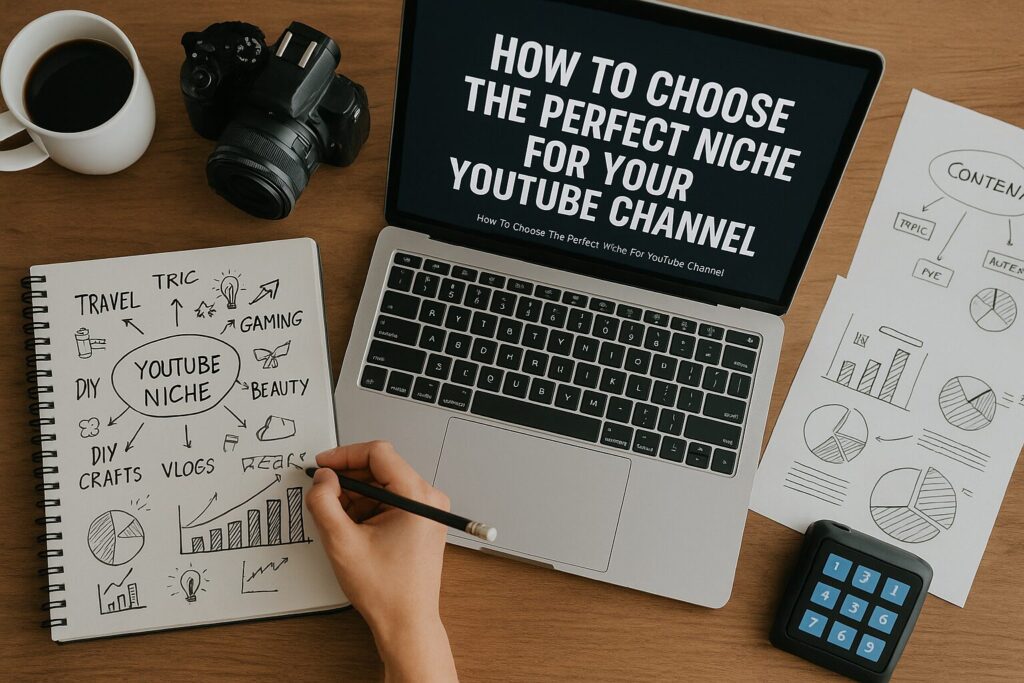A focused content creator planning niche video topics on a laptop, surrounded by camera equipment and sticky notes, with the title “How To Choose The Perfect Niche For Your YouTube Channel” overlaid.