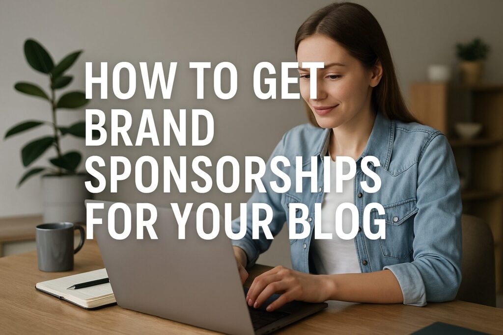Young woman in casual attire working on a laptop at a bright home office, overlaid with the title “How to Get Brand Sponsorships for Your Blog,” with a coffee mug and notebook nearby.