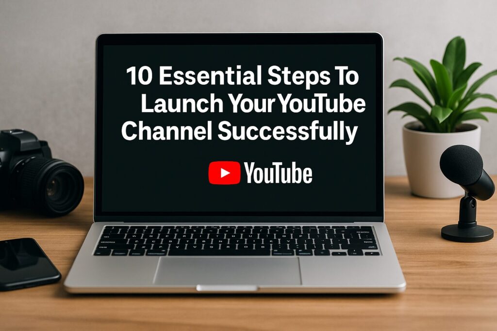 A silver laptop displaying the title "10 Essential Steps To Launch Your YouTube Channel Successfully" with a DSLR camera, smartphone, and podcast microphone arranged neatly on a wooden desk, accompanied by a small potted plant.