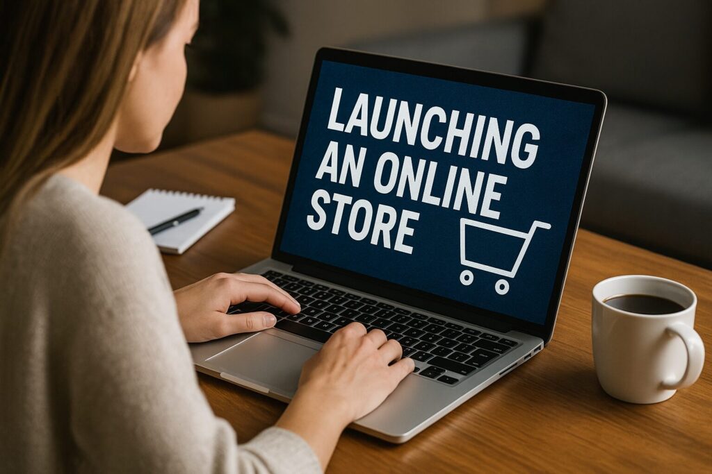 Woman typing on a laptop with “Launching An Online Store” on screen, coffee mug nearby, showing a casual home workspace