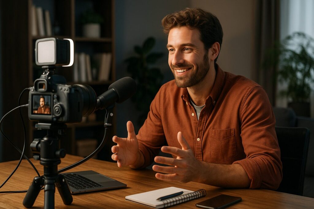 Bearded young man recording content at his home studio, smiling and gesturing toward the camera with tech equipment and a microphone on his desk