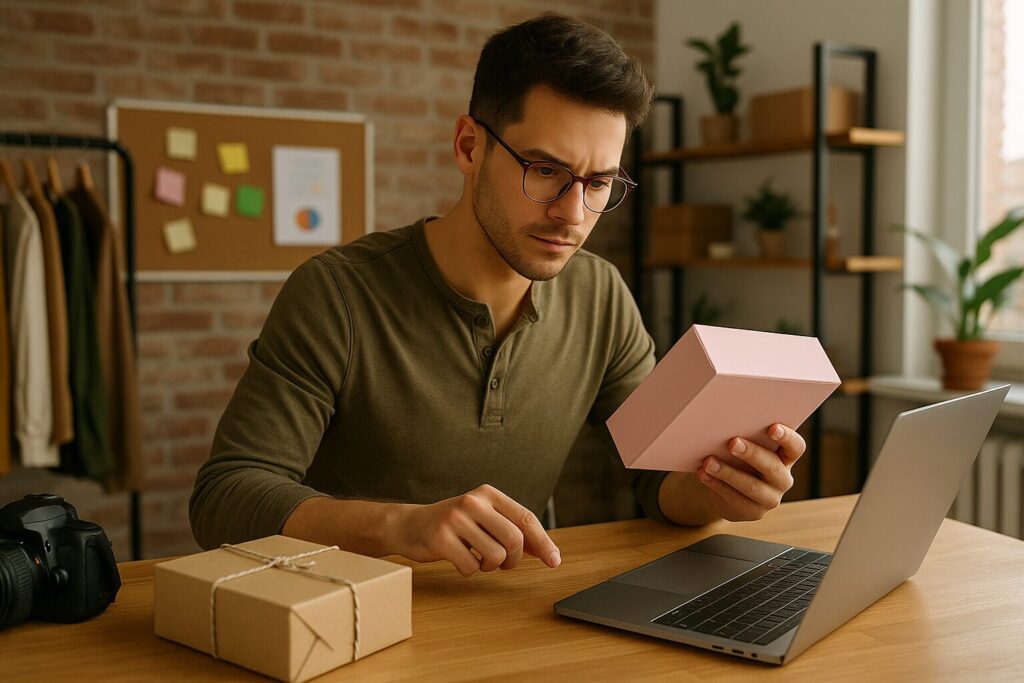 A young male business owner reviewing product performance data and inventory insights on his laptop while seated at a bright, minimalist workspace