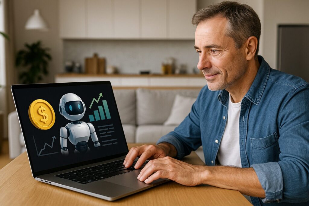 Middle-aged man working on a laptop showing AI-powered financial dashboards, exploring investment strategies for passive income