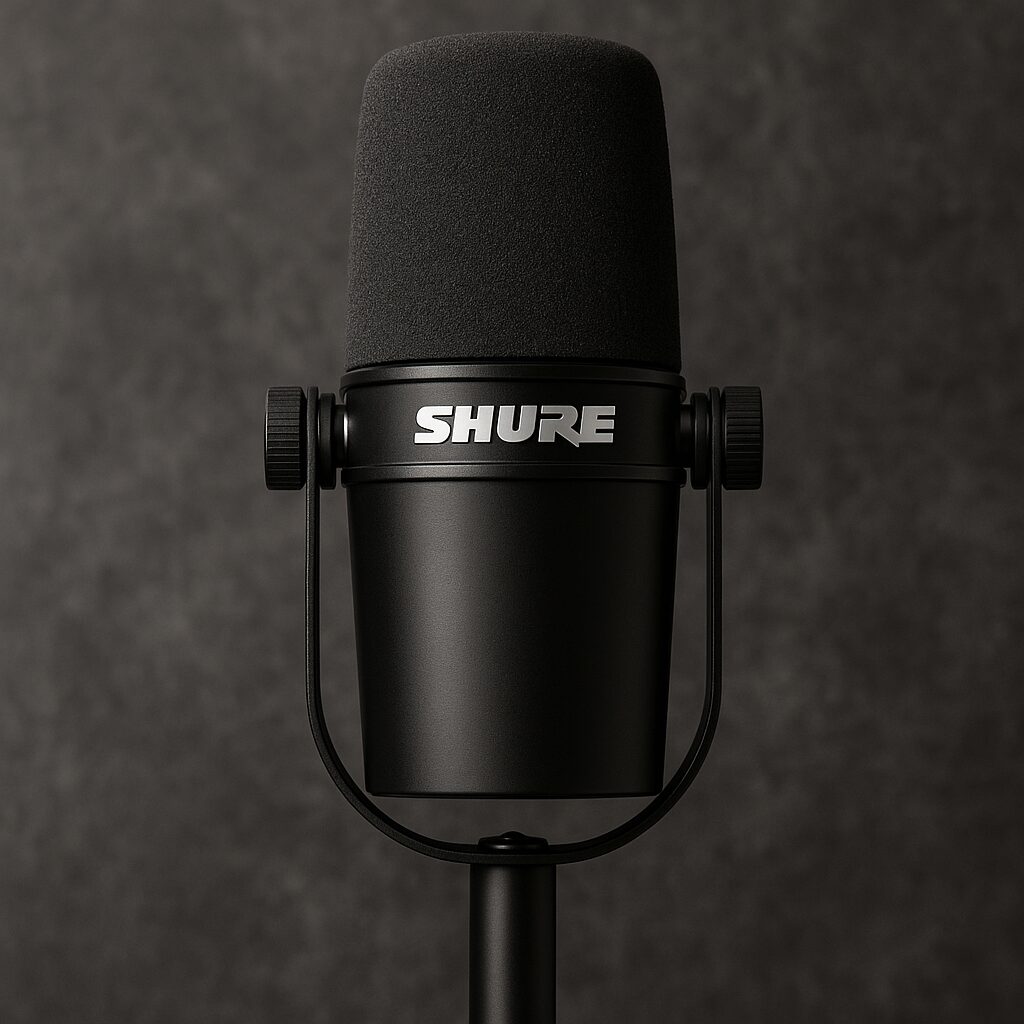 A close-up of a Maono USB microphone on a desk setup with headphones and a laptop, ideal for improving audio quality in YouTube video production