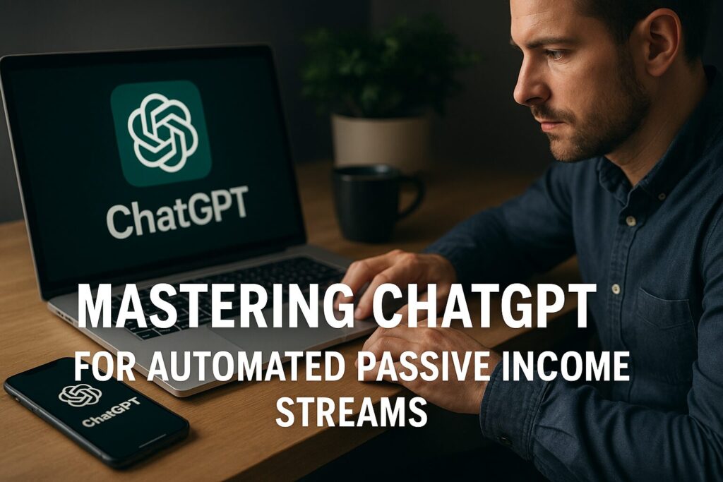 A creative workspace showing a laptop with ChatGPT branding on screen, surrounded by notepads, icons of automation, and financial growth graphics, with bold text “Mastering ChatGPT For Automated Passive Income Streams.”