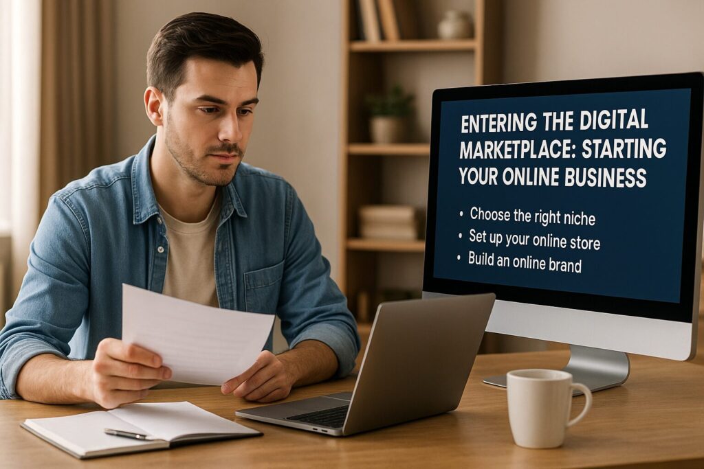 Focused young man reviewing business documents at his desk while a desktop monitor displays startup tips for launching an online business